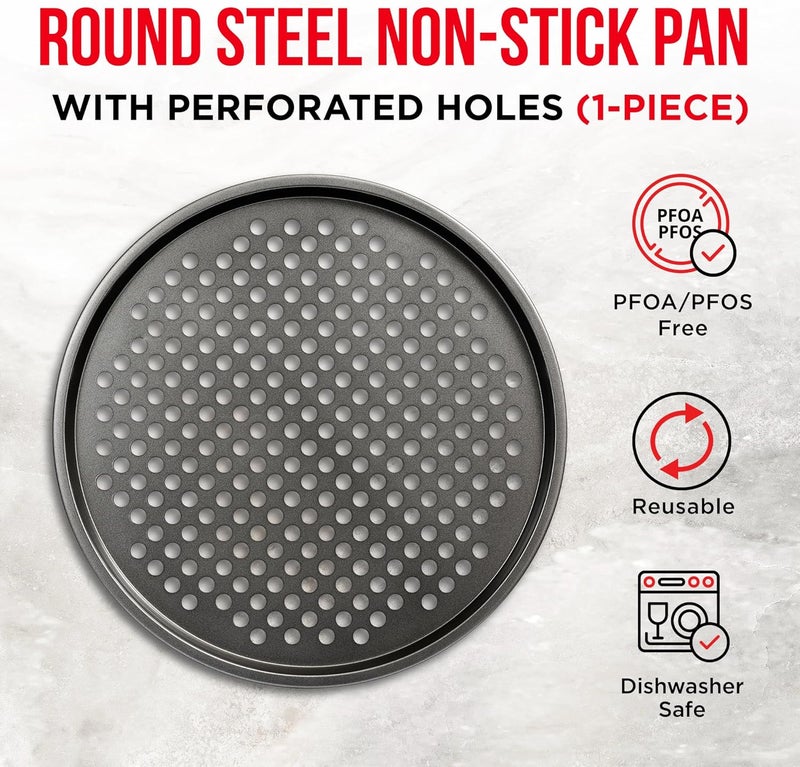 BAKKENMASTER Non-Stick Pizza Pan with Holes - 13-Inch Perforated Pizza Crisper Carbon Steel Pizza Pan - 1 Round Pizza Trays PFOA PFOS and PTFE Free - Image 3